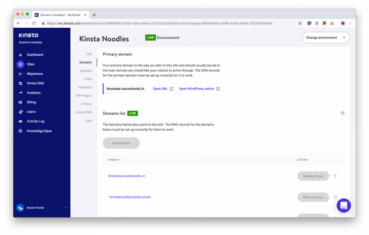 Scheda gestione domini nel pannello Kinsta