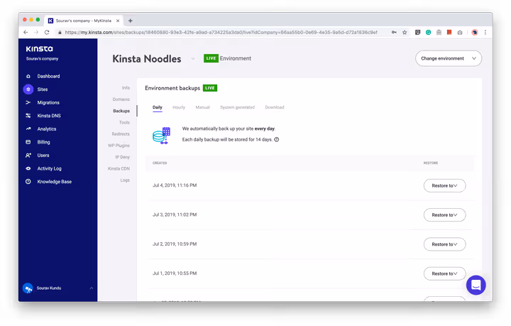 Interfaccia gestione backup in Kinsta