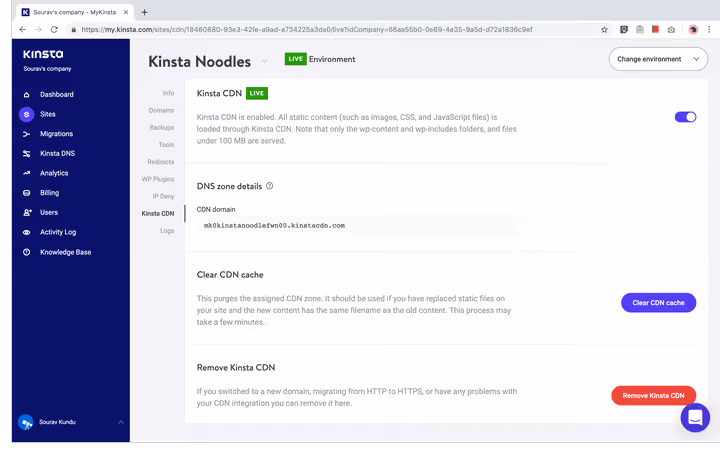 Impostazioni CDN e caching nel pannello Kinsta