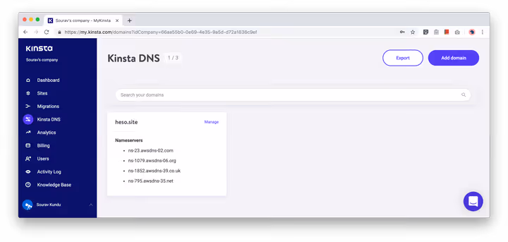 Console gestione DNS Kinsta