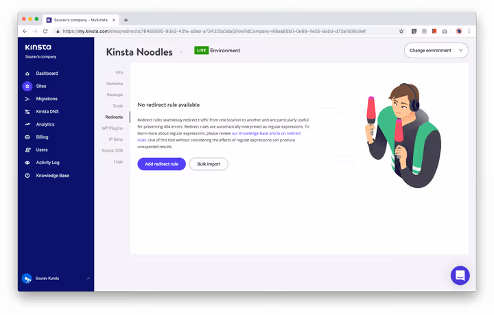 Pannello gestione reindirizzamenti URL in Kinsta