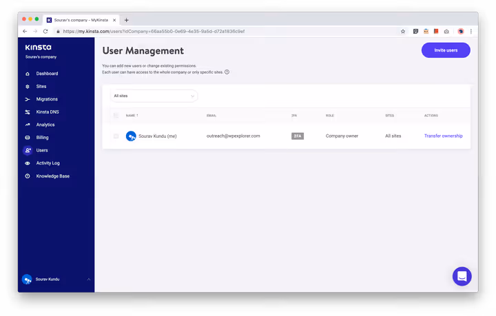 Pannello gestione utenti MyKinsta