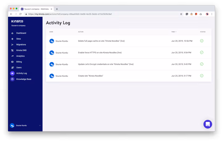 Registro attività utente in MyKinsta