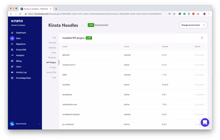 Monitoraggio stato plugin WordPress in MyKinsta