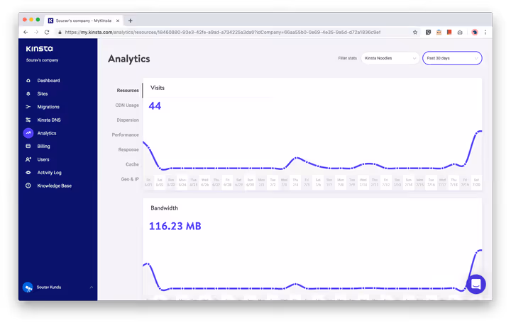 Dashboard analitica Kinsta con metriche di traffico