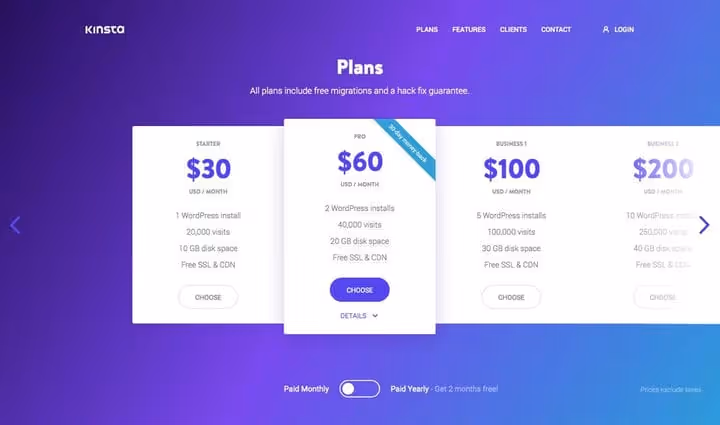 Griglia prezzi hosting Kinsta con tariffe