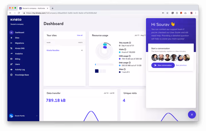 Chat supporto Kinsta sulla piattaforma Intercom