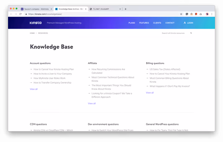 Knowledge base Kinsta con documentazione tecnica