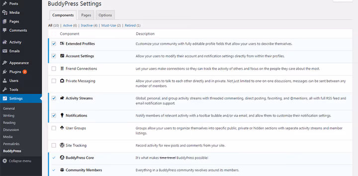 List of BuddyPress components in the WordPress panel