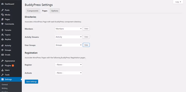 Assigning BuddyPress pages in the plugin settings