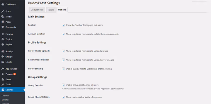 Configuring BuddyPress options in the WordPress admin