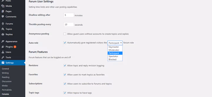 Configuring bbPress forum settings in the admin