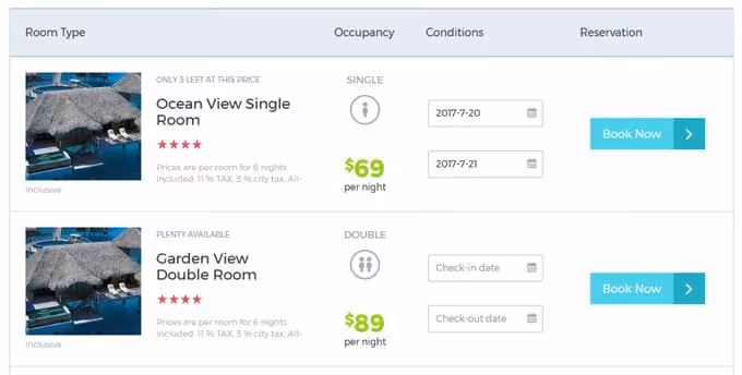List of available rooms in Paradise Cove theme