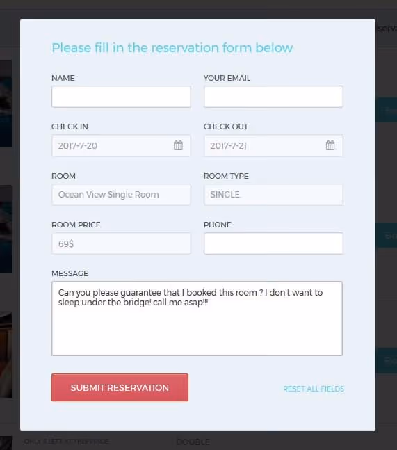 Email booking request form in Paradise Cove