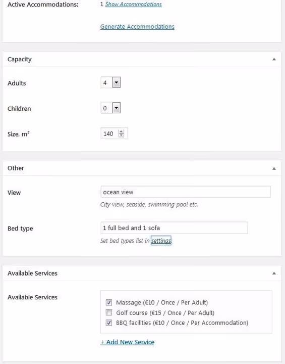 Room capacity and amenities parameters in MotoPress