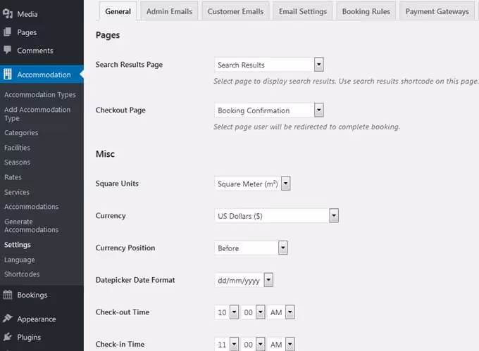 General MotoPress Hotel Booking plugin settings