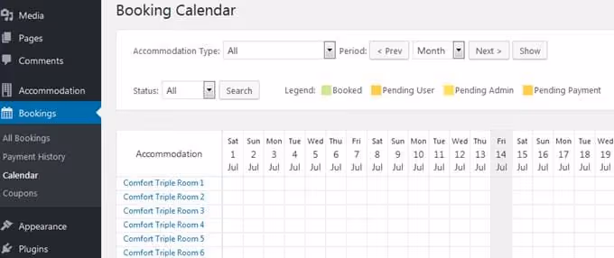 Booking list in MotoPress admin panel
