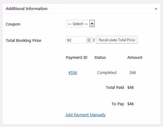 Manual payment entry in MotoPress Hotel Booking