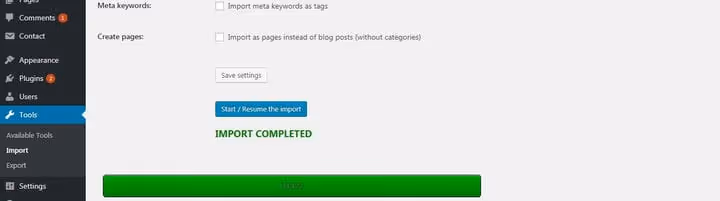Message confirming successful Joomla to WordPress import