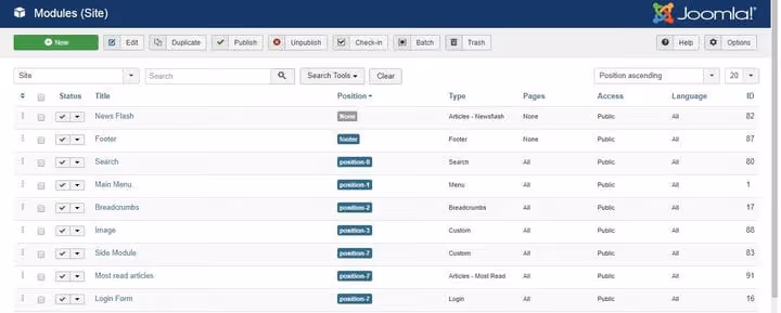 Joomla site module area in the admin panel