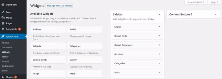WordPress widget area in the admin panel