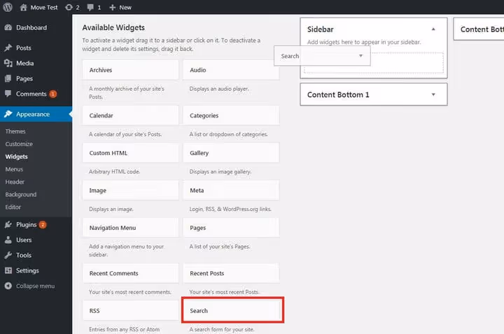 Dragging widgets on the WordPress management screen