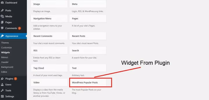 Popular posts widget in the list of available widgets