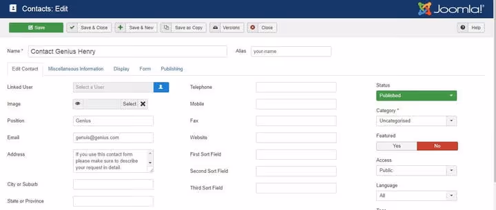 Contact form in Joomla admin panel before transfer