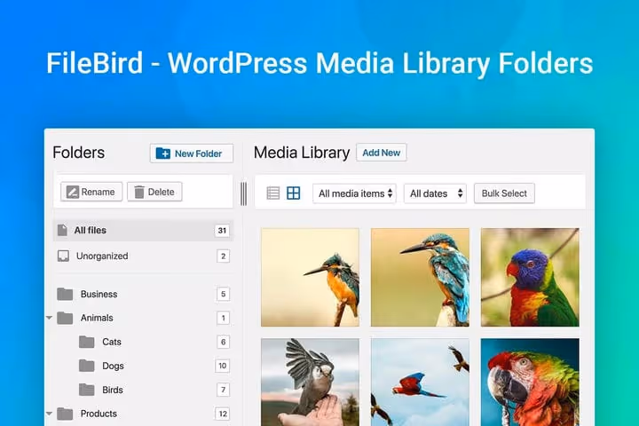 FileBird file manager interface in WordPress media library