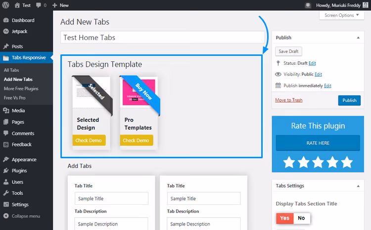 Wybór szablonu projektu zakładek we wtyczce Tabs Responsive