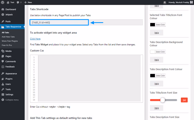 Wygenerowany shortcode do wstawienia zakładek na stronę WordPress