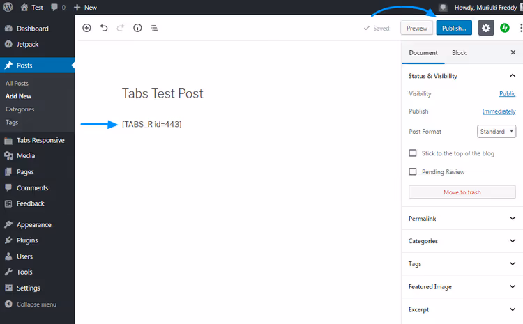 Wstawianie shortcode'u zakładek w edytorze wpisu WordPress