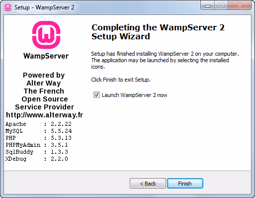 Końcowe okno instalacji WampServer z opcją uruchomienia