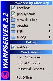 Menu WampServer, wybór phpMyAdmin do zarządzania bazami