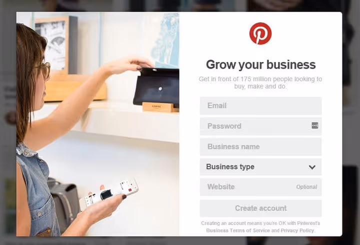 Registreringsside for Pinterest bedriftskonto