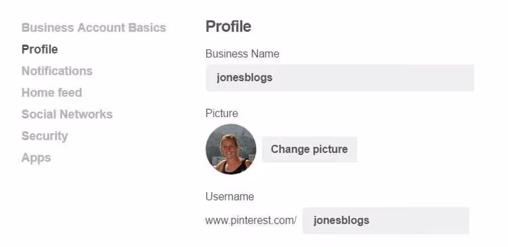 Pinterest-profilinnstillingsside med Nettside-seksjon