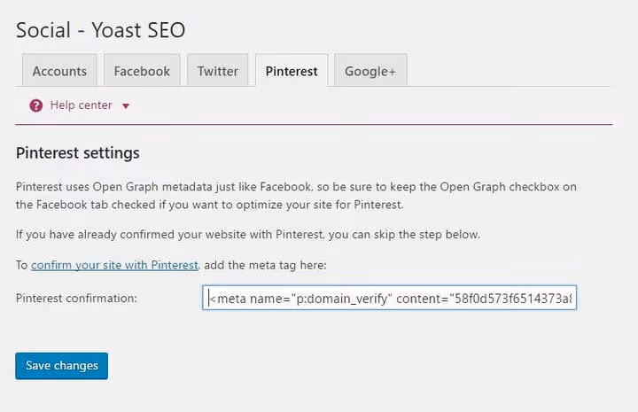 Pinterest-fane med felt for verifiseringsmetatagg