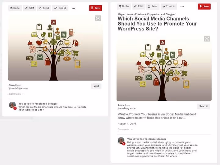 Sammenligning av vanlig pin og artikkelrikpin i Pinterest-resultater