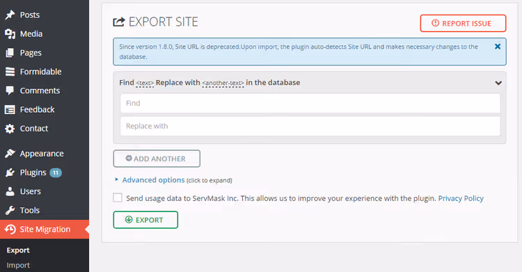 Exporting site via All-in-One WP Migration plugin