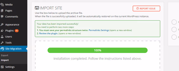 Importing site via All-in-One WP Migration plugin