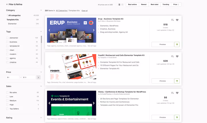 Katalog over Elementor-malpakker på ThemeForest
