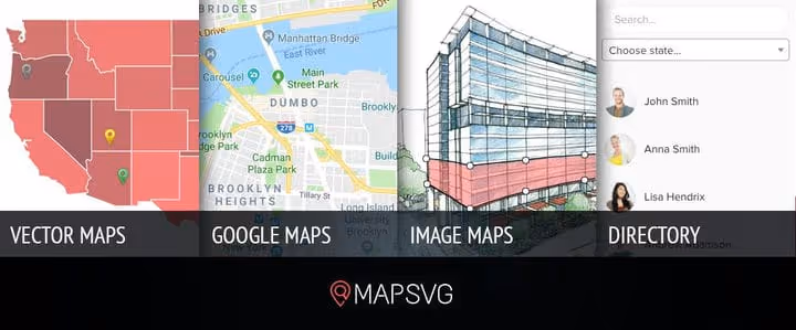 MapSVG-vektorikarttatyökalun käyttöliittymä väritetyin aluein ja merkein
