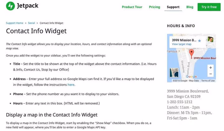 Jetpack-karttawidget yhteystiedoin ja Google-kartalla