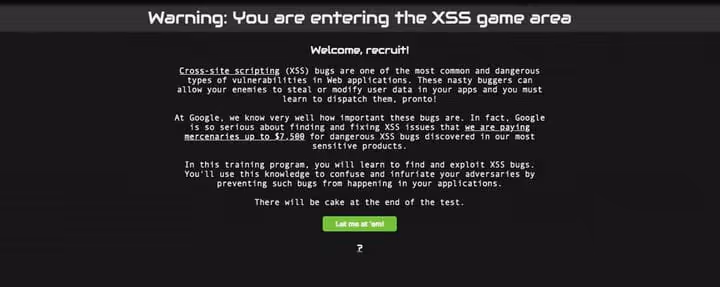 Captura de ecrã do jogo educativo Google XSS Game para encontrar vulnerabilidades