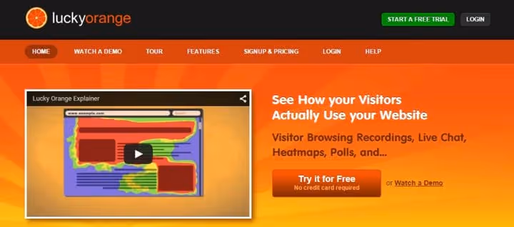 Интерфейс Lucky Orange с тепловой картой, чатом и записью посетителей
