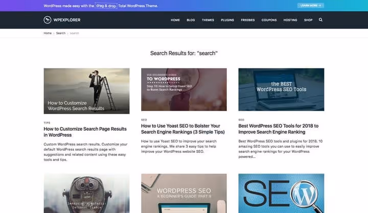 Ejemplo de resultados de búsqueda en WordPress mostrando elementos relevantes