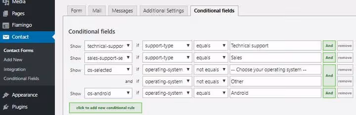 Configuration des champs conditionnels dans un formulaire Contact Form 7