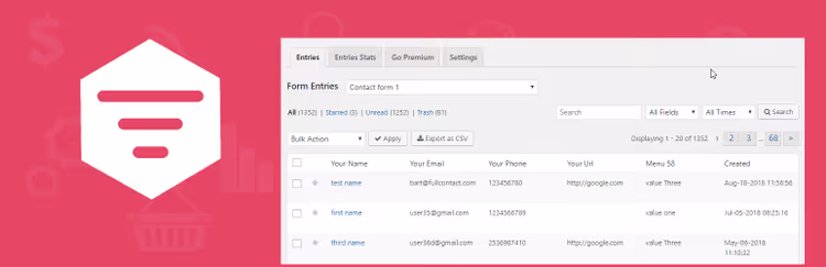 Tableau des entrées de formulaires soumis Contact Form Entries