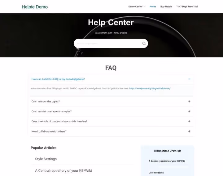 Interface do plugin HelpieWP para documentação WordPress