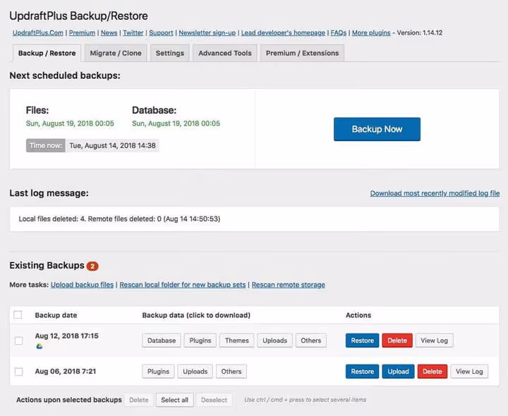 Configuración detallada de programación y almacenamiento en la nube en UpdraftPlus